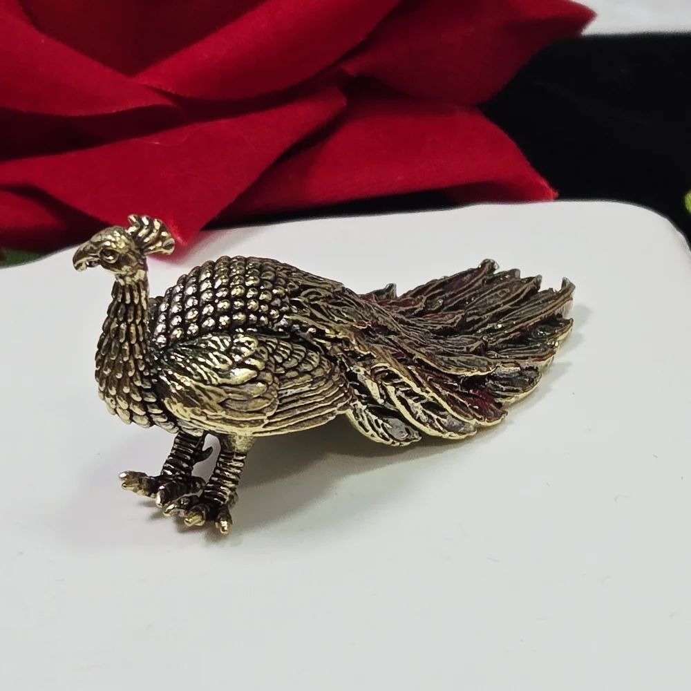 Mini Vintage Brass Peacock Figure 🦚 Collectible Gold Feather Ornament Gift